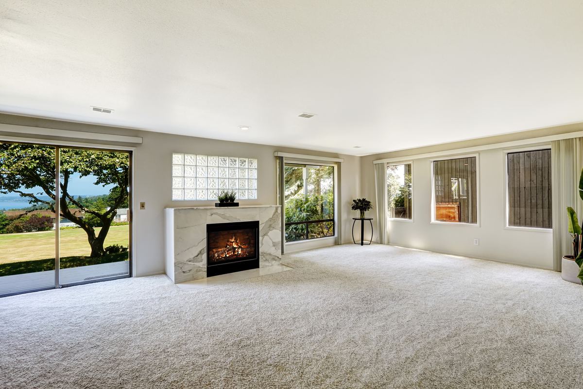Bright family room with plush neutral carpet