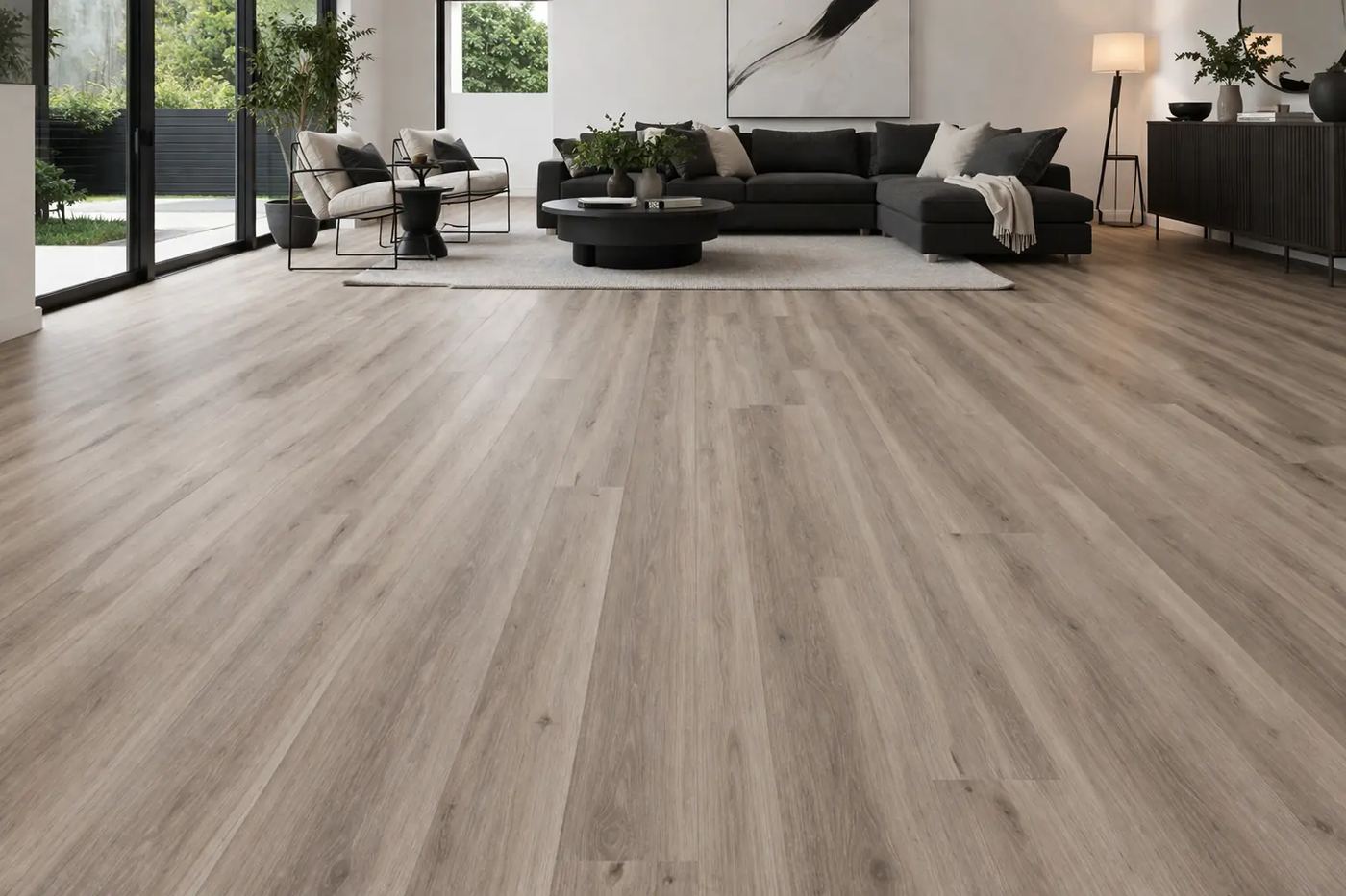 Living room with wood-look laminate plank flooring