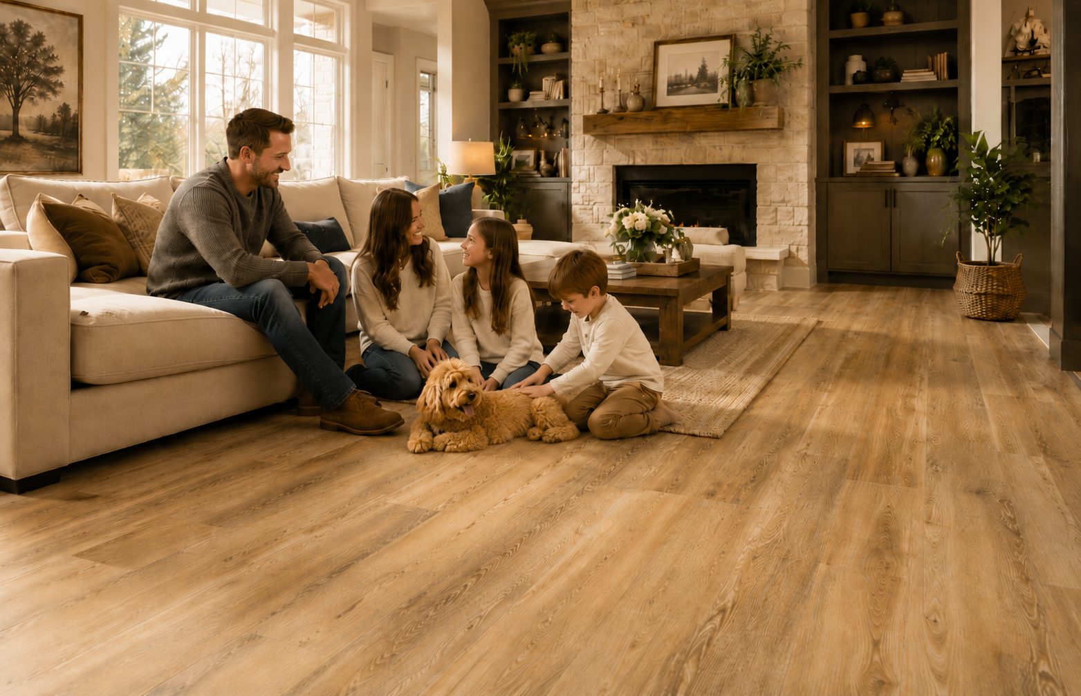 Family relaxing with their dog on warm wood-look plank flooring in a bright living room