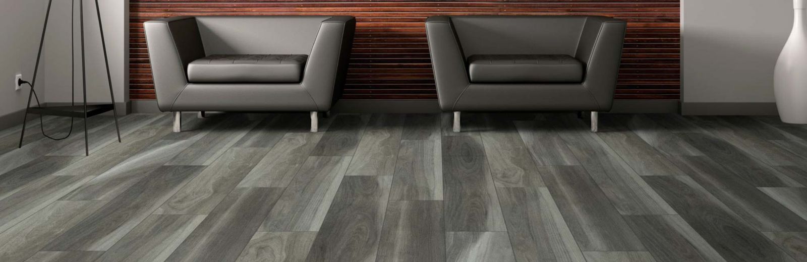 Charcoal luxury vinyl plank in a modern sitting area