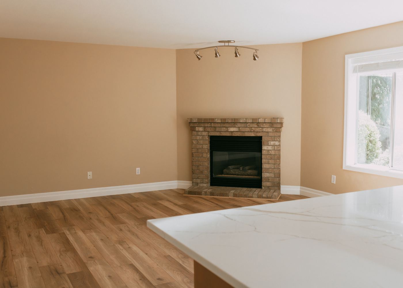 Great room with wood-look plank floors and fireplace