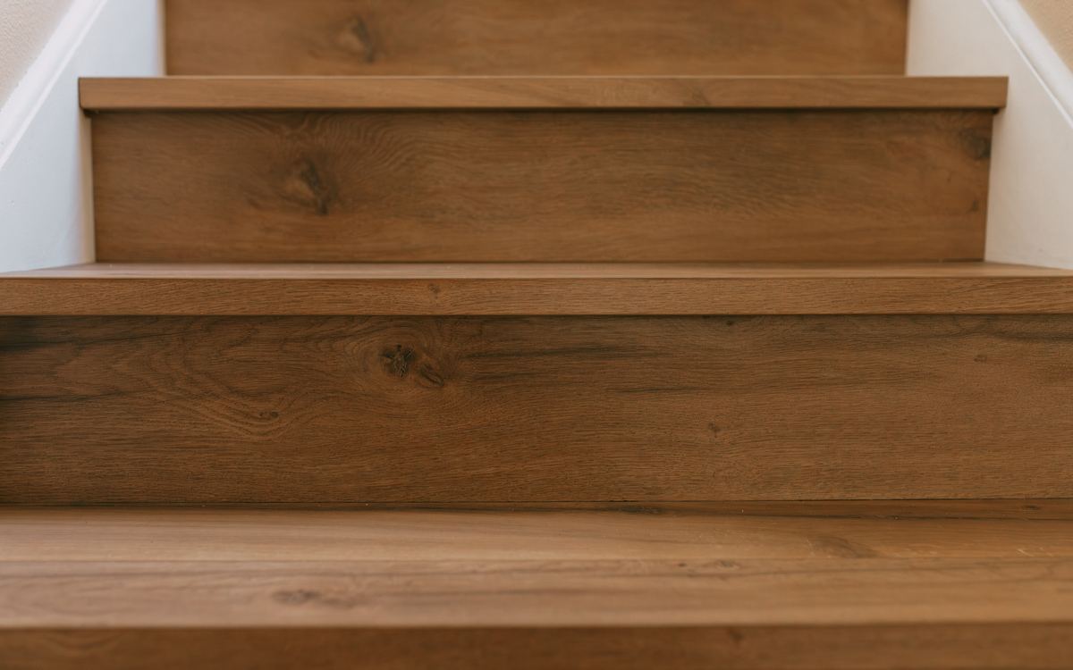 Close-up of new plank stair treads