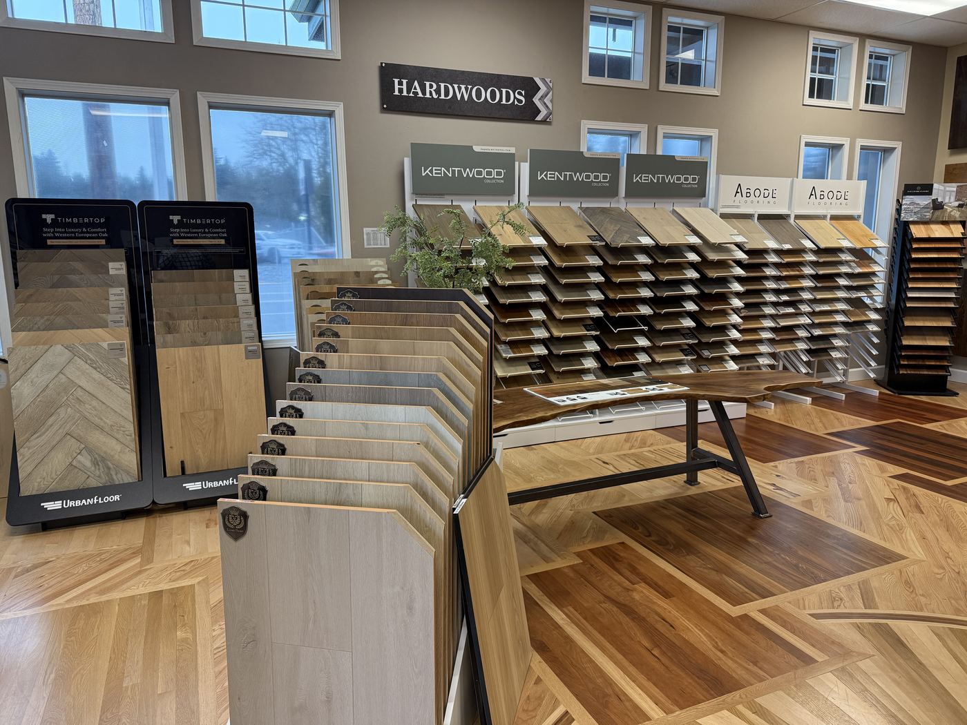 Inside the Premiere Floors design center with hardwood sample displays